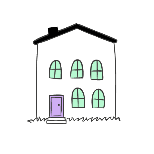 A drawing of a house with purple door.