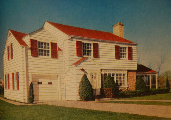 A painting of a house with red shutters.